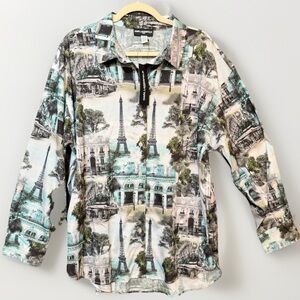 Karl Lagerfeld Blouse Sz XL  Paris Print Button-Down Shirt